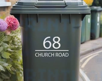 Personalised Wheelie Bin Sticker - Classic Design Vinyl Decal with House Number & Street Name (Pack of 1, 2, 3 or 4)