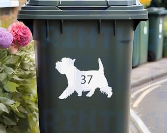 Personalised Wheelie Bin Sticker - Westie Dog Vinyl Decal with House Number (Pack of 1, 2, 3 or 4)