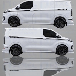 Transit Custom 2023 Full-Length Side Stripes with “CUSTOM” Text | Thin Vinyl Decals for Van Sides | Styling Kit Pair
