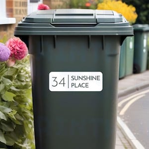 Personalisierter Mülltonnenaufkleber – Klassischer rechteckiger Vinylaufkleber mit Hausnummer und Straßennamen (Packung mit 1, 2, 3 oder 4 Stück)
