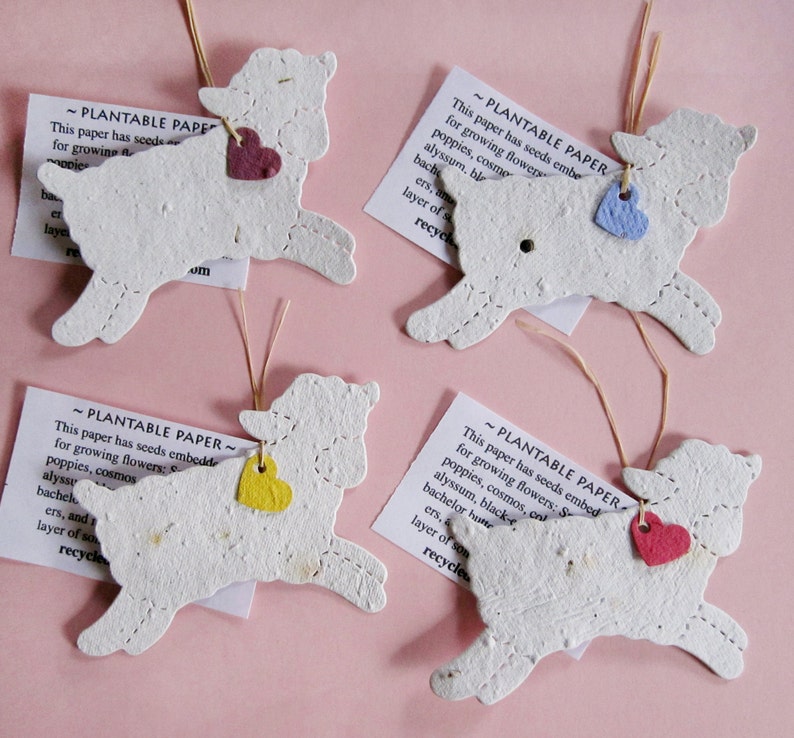 Peut inclure: Quatre ornements en papier blanc en forme d'agneau avec une &eacute;tiquette en forme de c&oelig;ur attach&eacute;e &agrave; chacun. Les &eacute;tiquettes sont de couleurs diff&eacute;rentes&nbsp;: rose, bleu, jaune et rouge. Le papier est plantable et contient des graines pour faire pousser des fleurs. Le texte sur les &eacute;tiquettes indique "Plantable Paper" et comprend des instructions pour planter le papier.