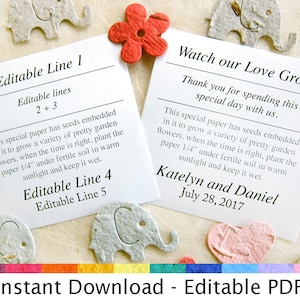 K&ouml;nnte beinhalten: Zwei wei&szlig;e Karten mit schwarzem Text. Die Karte links sagt "Editable Line 1" und "Editable lines 2+3". Die Karte rechts sagt "Watch our Love Grow" und "Thank you for spending this special day with us."