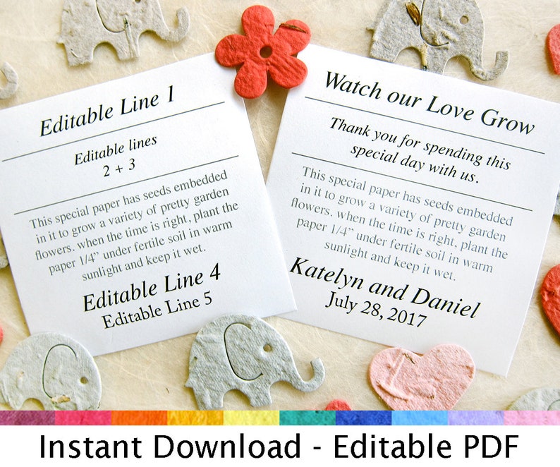 K&ouml;nnte beinhalten: Zwei wei&szlig;e Karten mit schwarzem Text. Die Karte links sagt "Editable Line 1" und "Editable lines 2+3". Die Karte rechts sagt "Watch our Love Grow" und "Thank you for spending this special day with us."