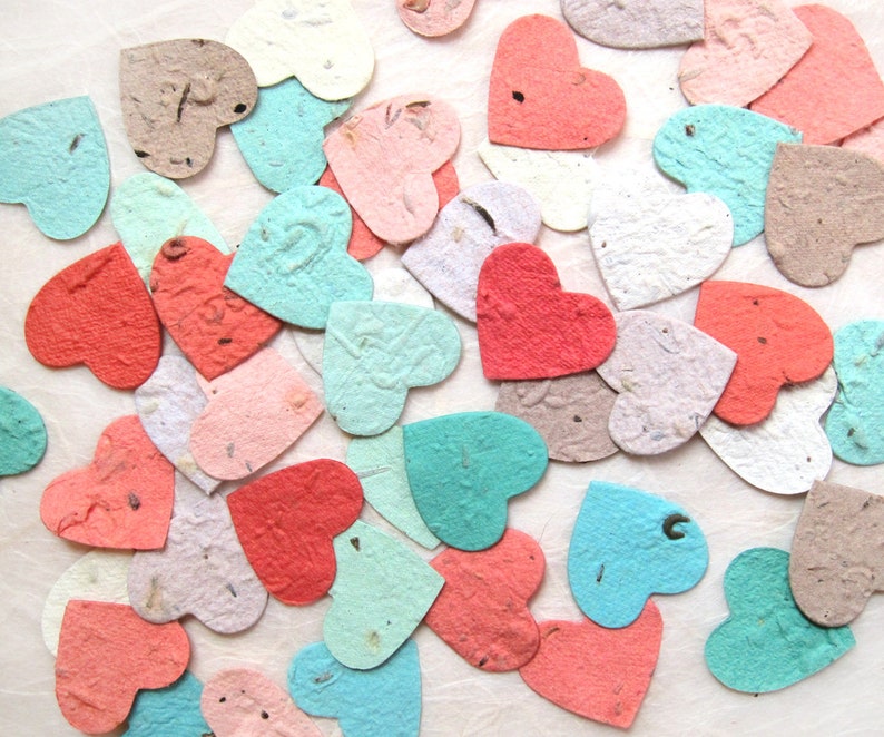 100 Flower Seed Paper Confetti Hearts Wedding Favors Red Pink Blue Green Yellow Purple and more Plantable Paper image 3