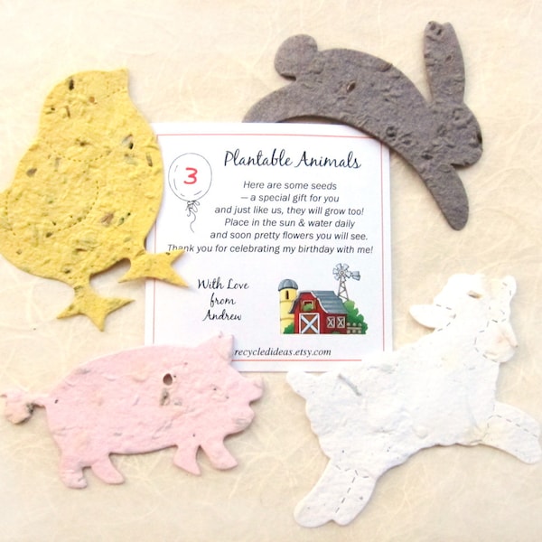 12 Farm Birthday Party Favors - Plantable Flower Seed Paper Farm Animals Cows Rabbits Pigs Chicks