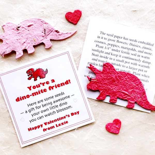 30 Personalized Seed Paper Dinosaurs - Dynomite friend - Optional upgrade to seed planting kit with flower pots