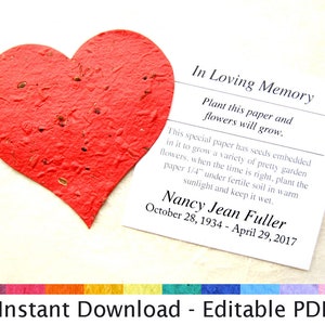 K&ouml;nnte beinhalten: Ein rotes herzf&ouml;rmiges Papier mit eingebetteten Samen. Das Papier ist zum Pflanzen und zum Wachsen von Blumen gedacht. Der Text lautet: "In liebevoller Erinnerung Pflanzen Sie dieses Papier und Blumen werden wachsen. Dieses spezielle Papier enth&auml;lt eingebettete Samen, um eine Vielzahl von h&uuml;bschen Gartenblumen wachsen zu lassen. Wenn die Zeit reif ist, pflanzen Sie das Papier 6 mm unter fruchtbare Erde an einem warmen, sonnigen Ort und halten Sie es feucht. Nancy Jean Fuller 28. Oktober 1934 - 29. April 2017"