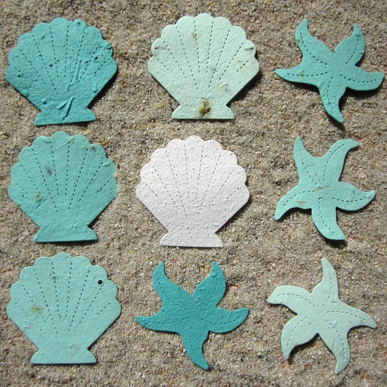 40 Flower Seed Paper Starfish Shells Beach Wedding Place Card Favors Tropical Destination Wedding Plantable image 2