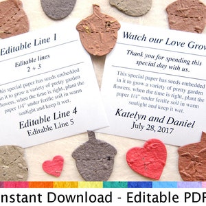 K&ouml;nnte beinhalten: Bearbeitbare, druckbare Hochzeitstags-Geschenk-Etiketten mit dem Text "Watch our Love Grow" und "Thank you for spending this special day with us." Die Etiketten sind mit kleinen Papierherzen und Eicheln verziert. Der Text enth&auml;lt die Namen des Paares und das Hochzeitsdatum. Der Text "Instant Download - Editable PDF" befindet sich am unteren Rand des Bildes.