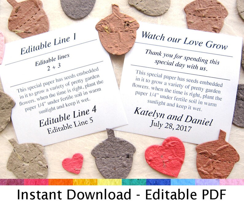 K&ouml;nnte beinhalten: Bearbeitbare, druckbare Hochzeitstags-Geschenk-Etiketten mit dem Text "Watch our Love Grow" und "Thank you for spending this special day with us." Die Etiketten sind mit kleinen Papierherzen und Eicheln verziert. Der Text enth&auml;lt die Namen des Paares und das Hochzeitsdatum. Der Text "Instant Download - Editable PDF" befindet sich am unteren Rand des Bildes.
