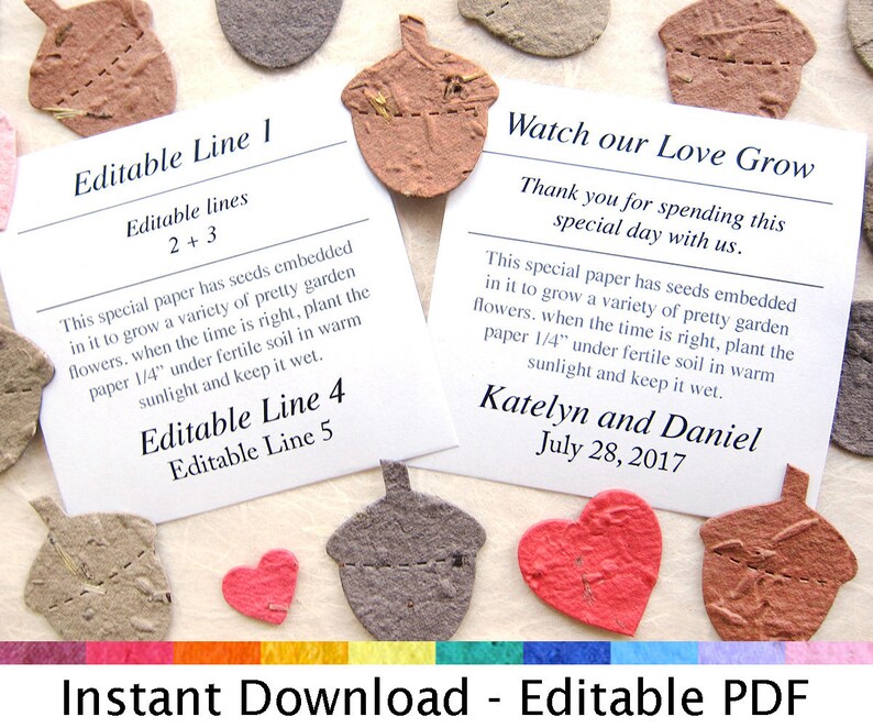 Editable PDF template Instant Download Wedding Favor PDF Card Template For plantable flower seed paper or herb seed paper image 5