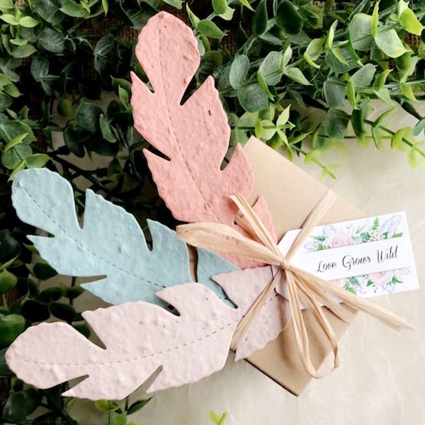 12+ Seed Paper Feathers Boho Baby Shower Favors - Boho Wedding - Pink and Pale Blue Florals and Greenery