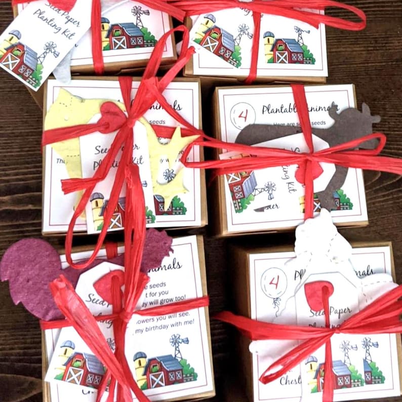 12 recuerdos de fiesta de cumpleaños de granja con macetas de papel para flores y semillas: cerdos, pollitos, ovejas, vacas, conejos, cabras y gallos. imagen 2