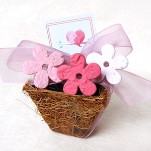 20 pots à planter avec des confettis en papier pour graines de fleurs - Kit de cadeaux de mariage pour plantation de graines - Ruban d'organza et cartes de cadeaux de mariage imprimées personnalisées