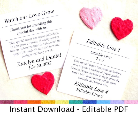 Wedding Favor Card Template – Editable Seed Paper (PDF Download)