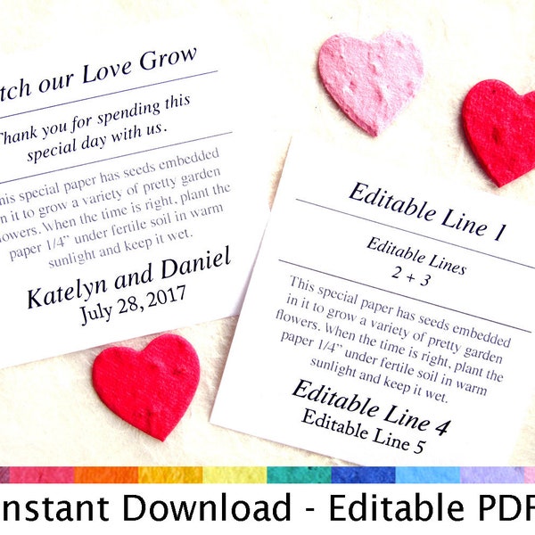 Editable PDF template - Instant Download Wedding Favor PDF Card Template - For plantable flower seed paper or herb seed paper