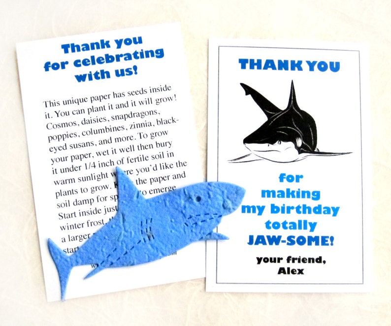 24 Plantable Shark Birthday Party Favors Personalized Option Flower Seed Paper Cards image 1