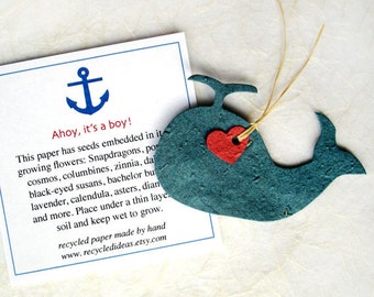 12 DIY Heart-Tied Flower Seed Paper Whales - Ahoy It's a Boy Baby Shower Favors - Nautical Theme