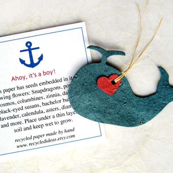 12 DIY Heart-Tied Flower Seed Paper Whales - Ahoy It's a Boy Baby Shower Favors - Nautical Theme