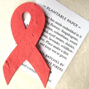 K&ouml;nnte beinhalten: Ein rotes Papierband mit eingebetteten Samen. Das Papier ist mit "Pflanzbares Papier" beschriftet und listet die Arten von Blumen auf, die aus den Samen wachsen werden. Der Text lautet auch "Alle Chargen von Free Fibers".