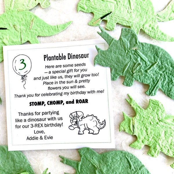 30 Seed Paper Dinosaur Birthday Party Favors - Personalized Cards