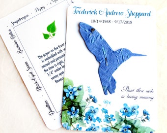 50 Plantable Hummingbird Memorial Cards - Flower Seed Paper Hummingbirds - Choose Self-Print PDF template or Printed Cards