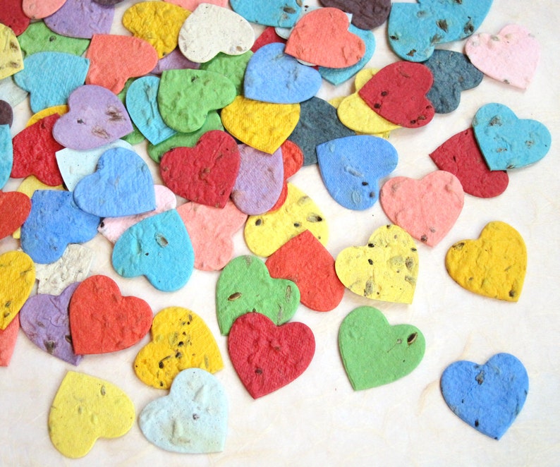 100 Flower Seed Paper Confetti Hearts Wedding Favors Red Pink Blue Green Yellow Purple and more Plantable Paper image 2