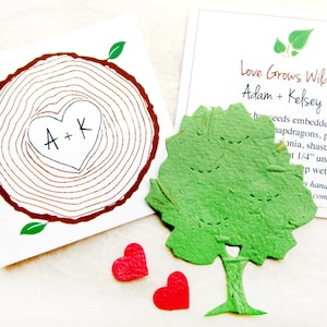 50 árboles de papel con semillas para recuerdos de boda en el bosque. Iniciales grabadas en tarjetas de árbol. Tarjetas personalizadas con anillos de árbol. Recuerdos con semillas de flores plantables.