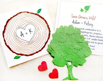 50 Seed Paper Trees Woodland Wedding Favors - Initials Carved Into Tree Cards - Personalized Tree Ring Cards Plantable Flower Seed Favors