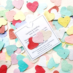 10 Faveurs de mariage en papier à planter - Paquets de coeurs en papier de graines de fleurs - Cartes imprimées personnalisées - Enveloppes de graines
