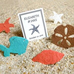 Conchiglie di semi di fiori, coriandoli, dollari di sabbia, stelle marine - Bomboniere per matrimoni in spiaggia - Nozze di destinazione - Carta piantabile color verde acqua, corallo