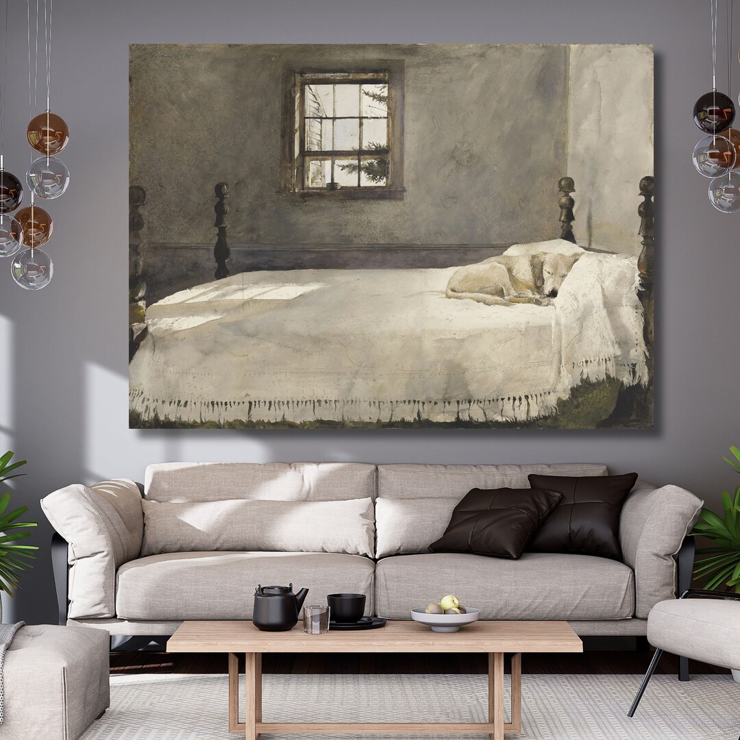 Master Bedroom, 1965 – Andrew Wyeth Art Print, 16x20, His Dog Rattler On The Bed, Landscape, Unframed