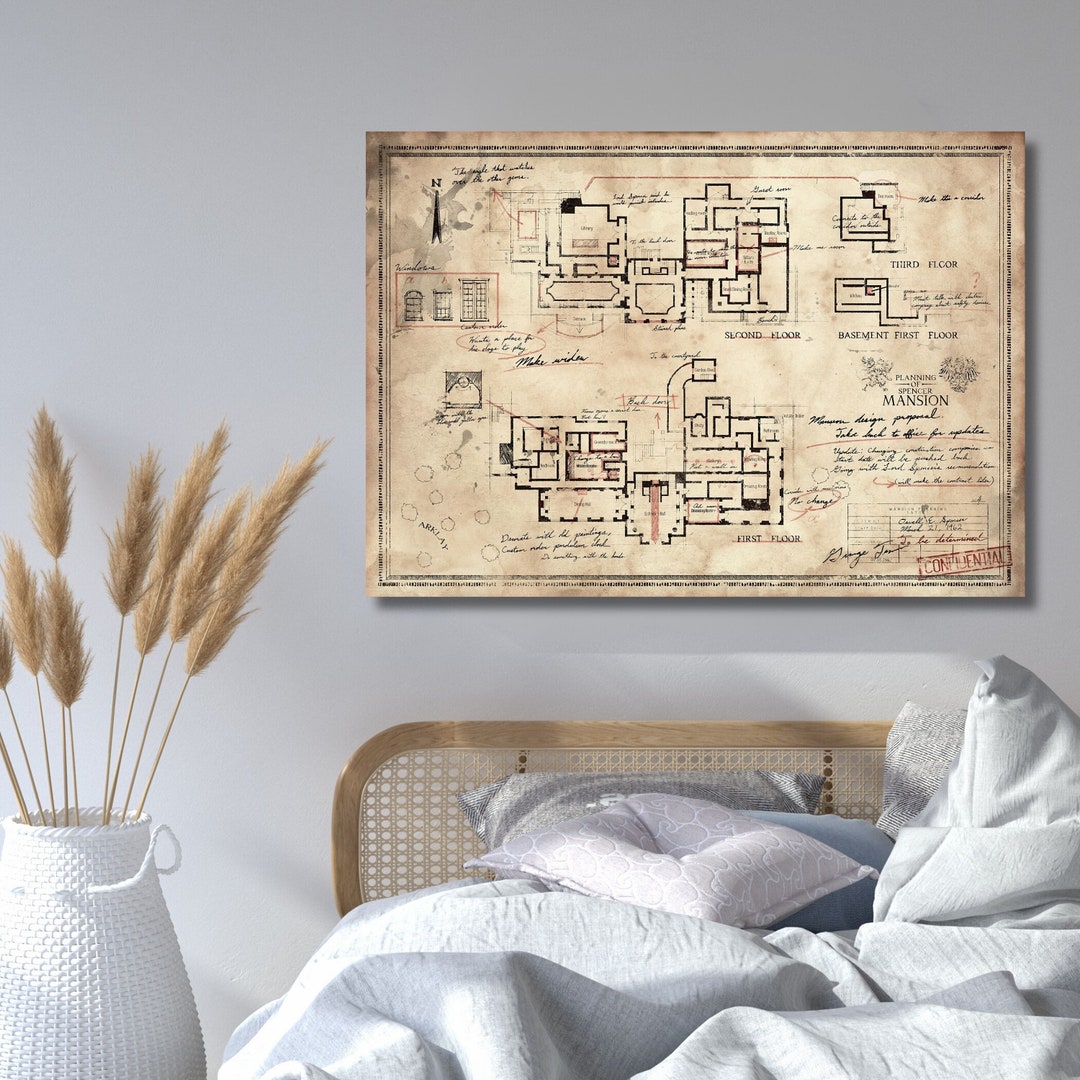 Resident Evil Map Canvas Art,the Spencer Mansion Plan &amp; Mapdecor,man ...