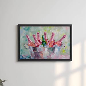 バケツに入ったピンクのシャンパンボトル ウォールアート バーカート＆キッチンデコレーション シャンパンウォールアート シャンパン愛好家へのギフト ホームバーアート 印刷可能