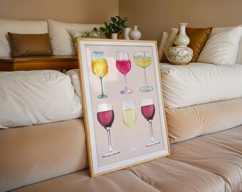 Arte mural digital de vino, decoración de carrito de bar de vinos tintos y blancos, arte colorido del vino, decoración del comedor, decoración del bar de vinos, regalo para amantes del vino, descarga