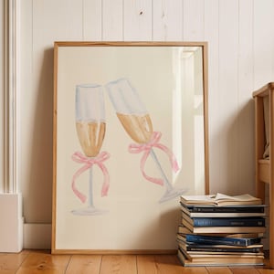ピンクのリボン付きシャンパングラス デジタルウォールアート バーカートプリント トレンディなコケット ピンクのリボンポスター シャンパンウォールアート ホームバーデコレーション 印刷可能