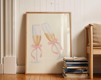 May include: A watercolour painting of two champagne flutes with pink ribbons, set against a white background.