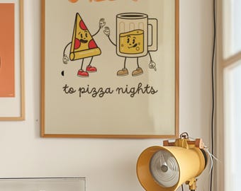 May include: A framed print with a light brown background featuring a cartoon pizza slice and a cartoon beer mug raising a toast to each other. The text "CHEERS to pizza nights" is below the cartoon characters.