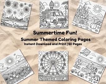 50 pagine da colorare a tema estivo per bambini e adulti, digitali, fogli da colorare sulla spiaggia, fogli di attività per bambini, stampabili