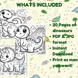 Pu&ograve; includere: Un libro da colorare stampabile con 20 pagine di illustrazioni di dinosauri carini. Il libro &egrave; disponibile in formato PDF e JPG e pu&ograve; essere scaricato istantaneamente. Il testo "WHATS INCLUDED" &egrave; nella parte superiore dell'immagine.