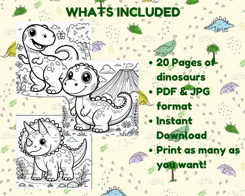 Pu&ograve; includere: Un libro da colorare stampabile con 20 pagine di illustrazioni di dinosauri carini. Il libro &egrave; disponibile in formato PDF e JPG e pu&ograve; essere scaricato istantaneamente. Il testo "WHATS INCLUDED" &egrave; nella parte superiore dell'immagine.