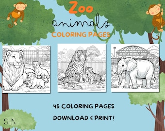 45 pagine da colorare di animali / Animali selvatici dello zoo / Tigre, leone, giraffa, elefante / Bambini e adulti da colorare / Attività per la scuola e la casa / Scarica stampabile