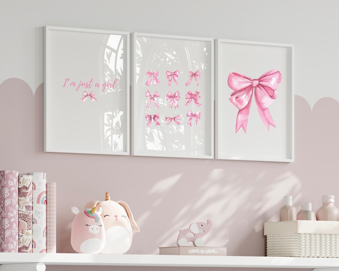 Trendy Pink Bow Wall Art Set of 3 Preppy Poster College Nursery ...