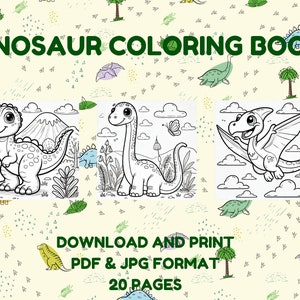 Pu&ograve; includere: Un libro da colorare in bianco e nero con tre dinosauri. Il libro ha uno sfondo giallo con foglie verdi e un titolo che recita "Dinosaur Coloring Book". Il testo "Download and Print PDF & JPG Format 20 Pages" &egrave; incluso.