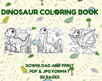 20 páginas para colorear de dinosaurios / Dibujos para colorear de dinosaurios / Dibujos para colorear para niños / Hojas de actividades para niños / Actividades para fiestas de cumpleaños / Páginas imprimibles
