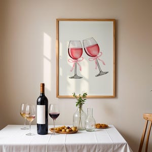 Rode wijn met roze strik digitale muurkunst trendy coquette roze strik print barwagen poster wijnliefhebber cadeau decor wijnbar afdrukbare