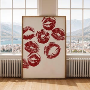 Kisses Wall Art Digital Print Red Lips Wall Decor Feminine Pop Art Poster Trendy Retro Kiss Lips Makeup Room Decor Trendy Wall Art Printable