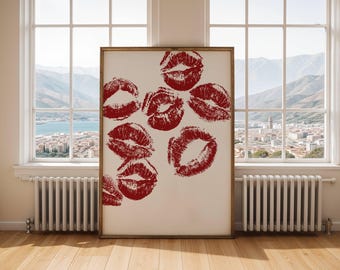Arte de pared de besos, impresión digital, decoración de pared de labios rojos, póster de arte pop femenino, maquillaje de labios de beso retro de moda, decoración de habitación, arte de pared de moda imprimible