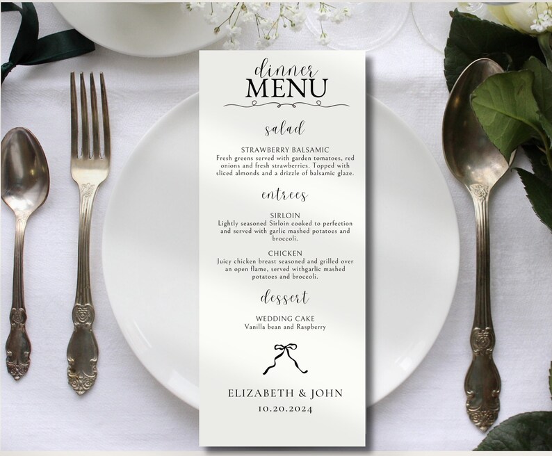 EDITABLE Wedding Menu Template | Modern Minimalist | Black Ribbon ...