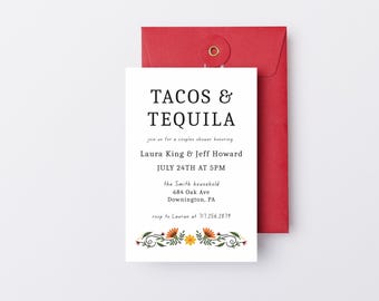 Könnte beinhalten: Eine weiße Einladungskarte mit schwarzem Text, der "Tacos & Tequila" und "Feiern Sie mit uns eine gemeinsame Hochzeitsparty für Laura King & Jeff Howard am 24. Juli um 17:00 Uhr im Haushalt der Smiths 684 Oak Ave Downington, PA rsvp an Lauran unter 717.256.2879" lautet. Die Karte hat einen floralen Rand mit orangefarbenen, gelben und grünen Blumen.